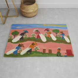 African American Masterpiece 'Six Figures Picking Cotton' folk art painting by Clementine Hunter Rug