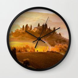 golden tuscan villa glow up tint landscape art nature photography Wall Clock
