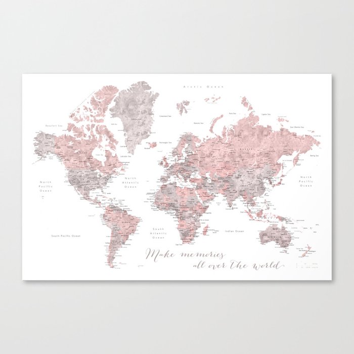 Make memories - Dusty pink and grey watercolor world map, detailed Leinwanddruck