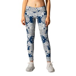 Leaves and Blooms, Blue and Gray Leggings