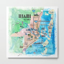 Miami Florida Fine Art Print Retro Vintage Map with Touristic Highlights Metal Print