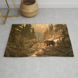 Bear in the Rocky Mountains Rug | Mountains, Art, Bear, Western, Forest, Pine, Brown, Rocky, Drawing, Creek 