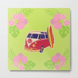 Summer - Flowers Surrounding A Mini Bus Metal Print