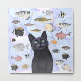 The Hungry Black Cat Gazing at a Fish Tank Metal Print