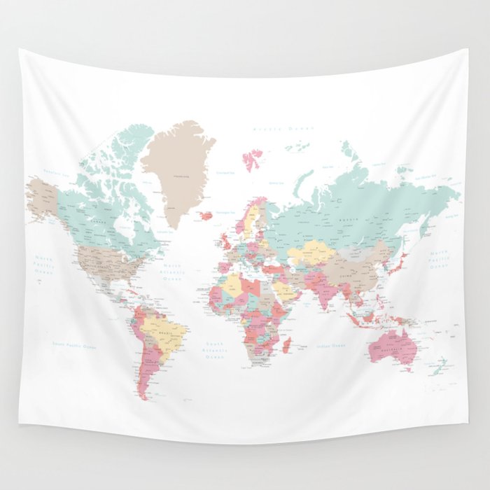 Pastel world map with cities Wall Tapestry by blursbyaiShop | Society6