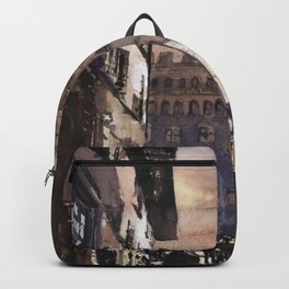 Watercolor painting of bell-tower of Palazzo Vecchio in the medieval city of Florence, Italy.   Backpack