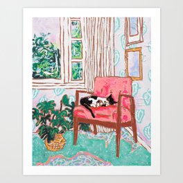 Little Naps - Tuxedo Cat Napping in a Pink Mid-Century Chair by the Window Art Print