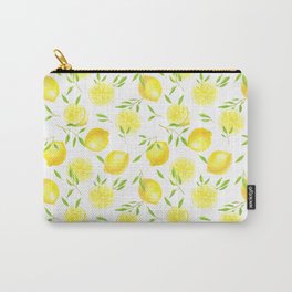 Lemons and leaves  Carry-All Pouch | Fresh, Botanical, Yellow, Ink, Lemon, Pattern, Nature, Leaves, Green, Tropical 