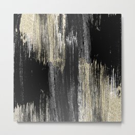 Abstract modern black gray gold glitter brushstrokes Metal Print