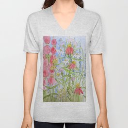 Watercolor Garden Flowers Summer Botanical Illustration V Neck T Shirt