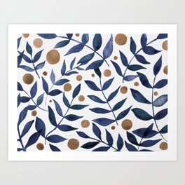 Watercolor berries and branches - indigo and beige Kunstdrucke