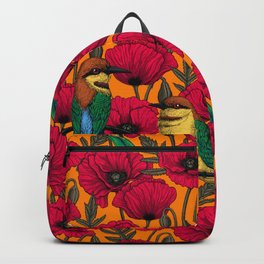 Bee eaters and poppies on orange Backpack