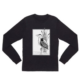 Great Blue Heron & cattail ink illustration Long Sleeve T Shirt
