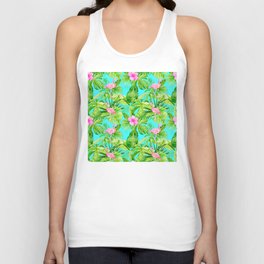 Pink Flamingos And Palm Leaves Pattern On Tropical Blue Tank Top