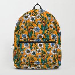 Bee-eaters, blue butterflies and daisies on orange Backpack