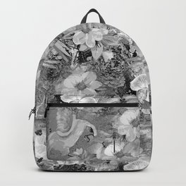 PARROTS MAGNOLIAS ROSES AND HYDRANGEAS TOILE PATTERN IN GRAY AND WHITE Backpack