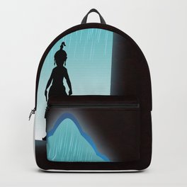 Girl samurai standing shadow of silhouette in rainy day at castle, paisley pattern on dark brown background. Backpack