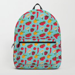 Strawberry and Spice Backpack | Chilipepper, Orange, Ladybug, Garden, Spicyberry, Digital, Fruitandveggies, Tomato, Strawberry, Pattern 