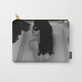 A girl and her cat lapping it up in milk; apartment bathtub nude portrait black and white photograph - photography - photographs Carry-All Pouch