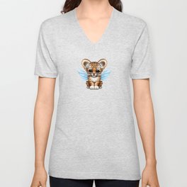 Cute Baby Tiger Cub with Fairy Wings on Blue Unisex V-Neck
