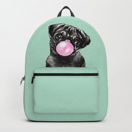 Bubble Gum Black Pug in Green Backpack