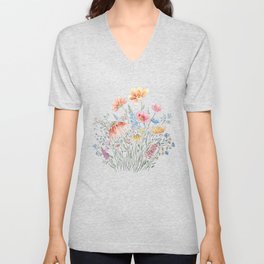 wild flower bouquet and blue bird- ink and watercolor 2 Unisex V-Neck