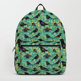 Crow, Blackbirds, and Flowers on Blue Backpack