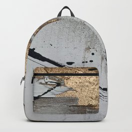 Still: an abstract mixed media piece in black, white, and gold by Alyssa Hamilton Art Backpack