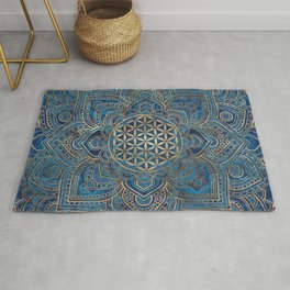 Flower of Life in Lotus Mandala - Blue Marble and Gold Rug