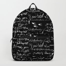 White French Script on Black background with White birds Backpack