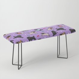 Whimsical Pugs Wearing Knitted Scarves and Sweaters on Purple v2 repeat Bench