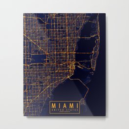 Miami, Florida, USA Map - City At Night Metal Print