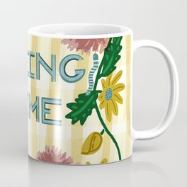 Spring Time Floral Wreath with Yellow Daisies, Caterpillar, Magpie, and Ladybug on Plaid | pink, yellow Coffee Mug