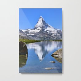 Matterhorn, 4.478 meters, and Sunnega lake. Swiss Alps. Vertical Metal Print