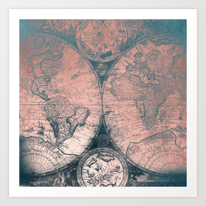 Vintage World Map Rose Gold And Storm Gray Navy Art Print