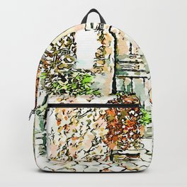 Barbarano Romano: chestnuts box and pots with plants Backpack | Digital, Outdoor, Pavment, Urbansketcher, Painting, Lazio, Italy, Door, Chestnutsbox, Color 