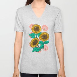 Cheery Sunflowers on Pink V Neck T Shirt